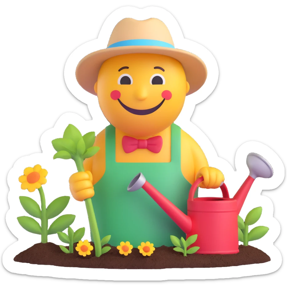 3D smiley emoji, round shape, grandfather gardening with a watering can, green color, smiling face sticker