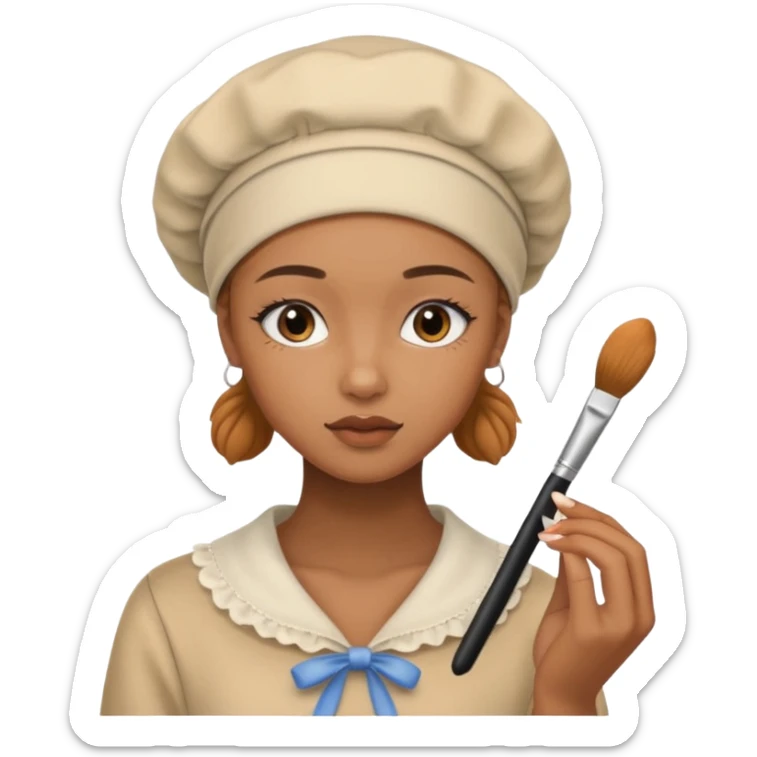 19 year old woman with a bonnet doing her makeup no hair showing caramel skin sticker