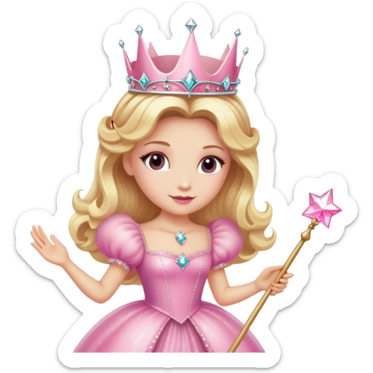 Glinda the Good Witch with blonde hair, sparkly crown, pink puffy dress, and magic wand sticker