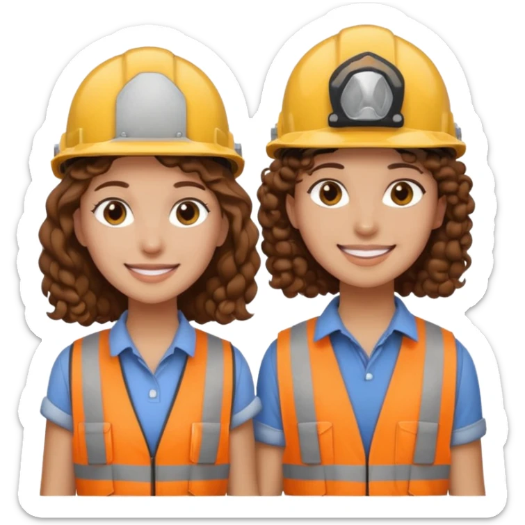 boyfriend and girlfriend couple emoji, both with brown hair, girl with curly hair, both wearing construction helmets and flats, both smiling sticker