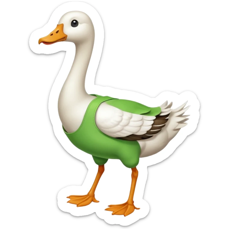 "Emoji of a white running goose with a very long neck and two legs. The goose wears bright green dungarees." sticker