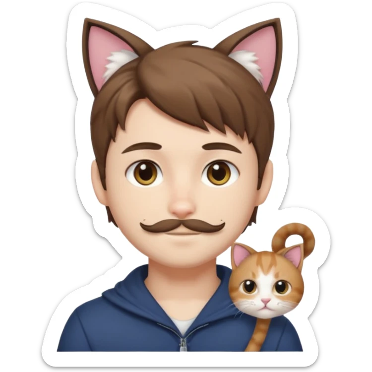 white boy with cat tail with little facial hair and cat ears with brown hair and anime features sticker