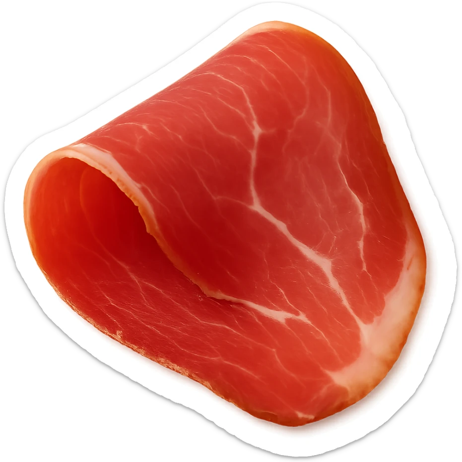 Show only one thin, delicately folded slice of dry-cured ham (jambon cru) with deep pink to reddish hue and visible streaks of white fat. Texture should be silky, slightly translucent, and marbled, with a natural fold or curl. Fat should look creamy and well integrated. Clean 3D, soft lighting, transparent background, emoji scale. sticker