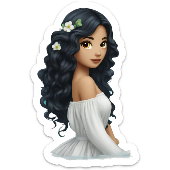 Pretty young Lady doll posing posed pose with long black hair flowers in hair white dress surrounded by flowing water sticker
