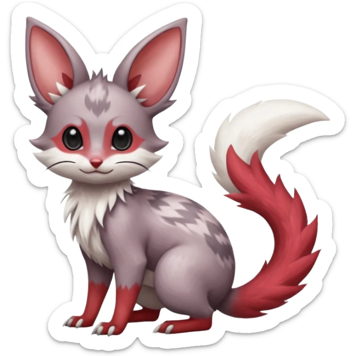 Cute realistic Minccino-Lykoi-Emolga-Pachirisu-Zangoose-fusion-hybrid-animal-Fakémon-creature, full body, thin long sleek scaly tail, intricate markings sticker