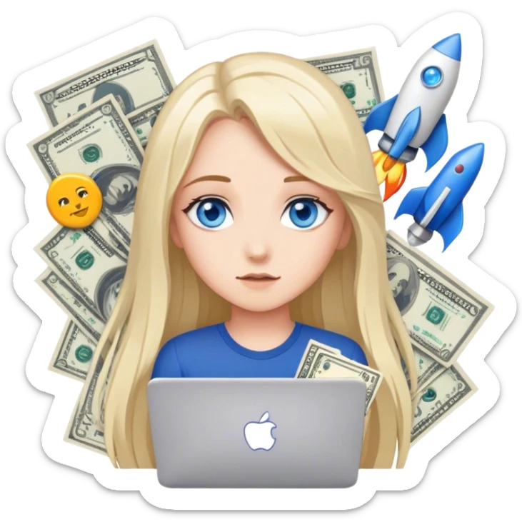 create pack of stickers where me (girl with blue eyes and long fair har) working with Meta ads, it could be facebook logo, tablue logo, google sheets logo, money, data tables, rocket, My Drama app logo or me watching vertical series etc. sticker