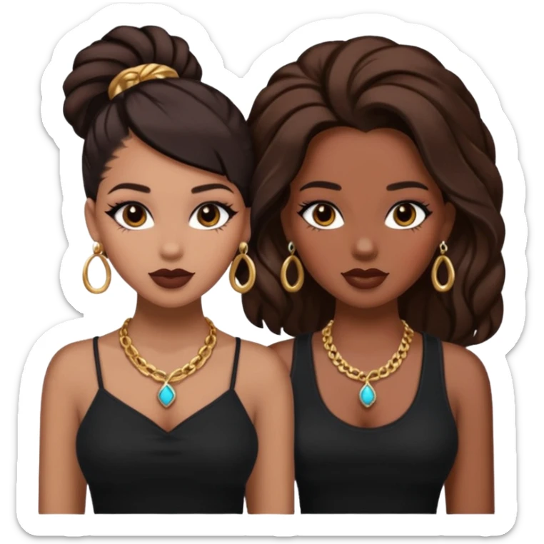 Boujy baddie best friends, trendy heavy makeup both dark hair one light skinned and one mocha brown pretty hair both wearing black and earrings and necklace one mocha brown skin sticker