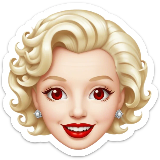 Cinematic Realistic Marilyn Monroe Emoji, featuring a glamorous, high-detail portrayal of the legendary Hollywood star. Her iconic platinum curls, radiant smile, and signature red lips are illuminated by dramatic, vintage-style lighting, evoking the timeless allure of classic cinema. sticker