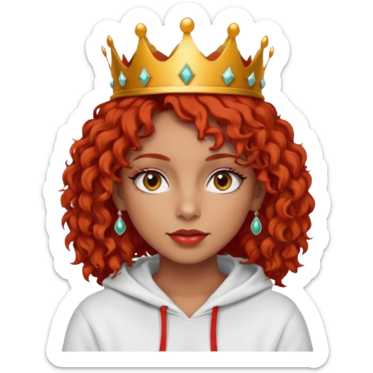 
Slim girl with a fine face, dark and tanned skin, medium-length curly tomato-red hair, dark eyes, medium-thick eyelashes, and a crown and earrings, wearing a white hooded sweatshirt. sticker