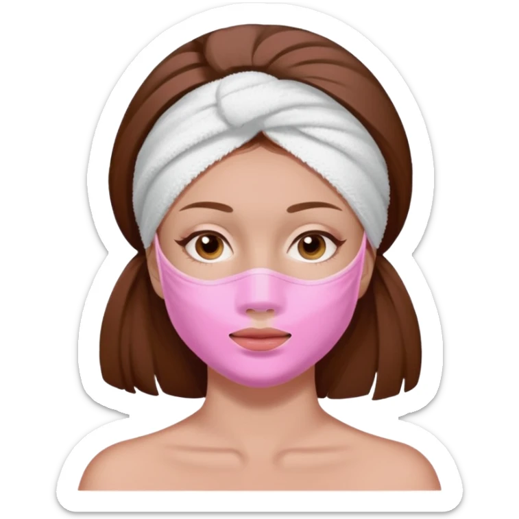 A woman with brown hair, a white towel wrapped around her head. Her face is covered with a pink skincare mask applied to the T-zone and cheeks sticker