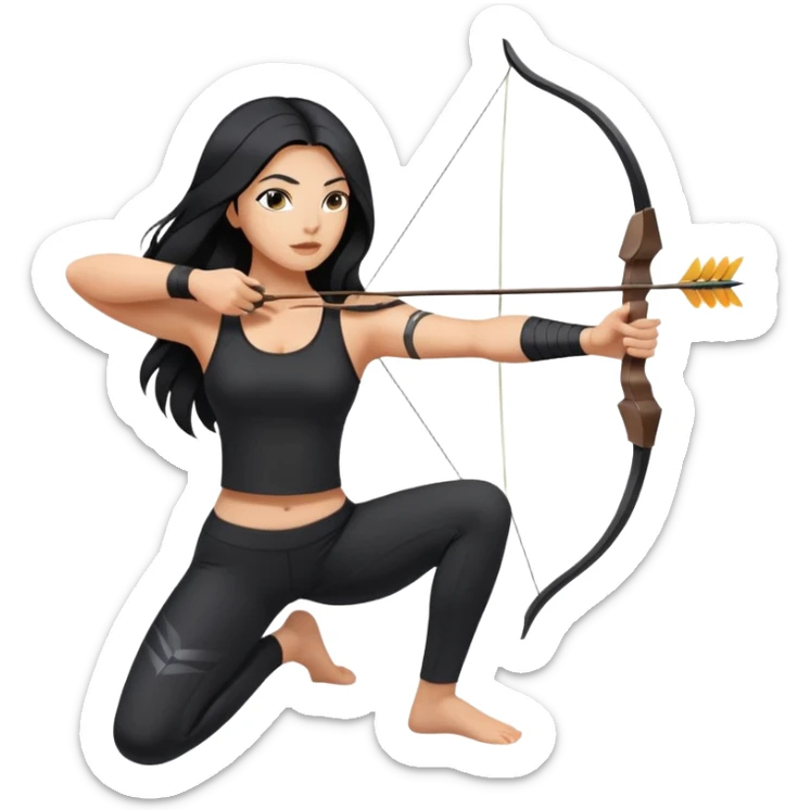 woman tanned long black hair, shooting arrow , black yoga clothes sticker