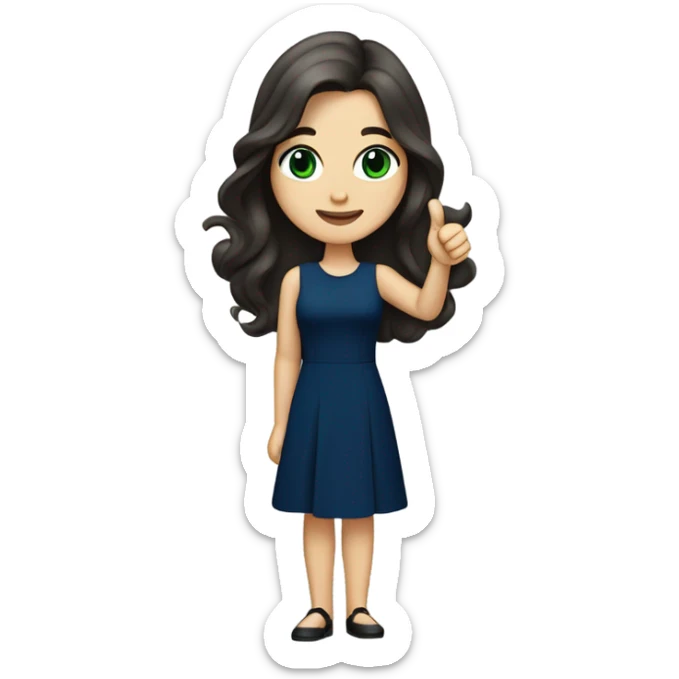 
a brunette with long hair and green eyes, with red lips and in a dark blue dress shows a thumbs up sticker