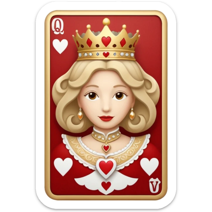 a playing beige and white card depicting the Queen of Hearts in gold sticker