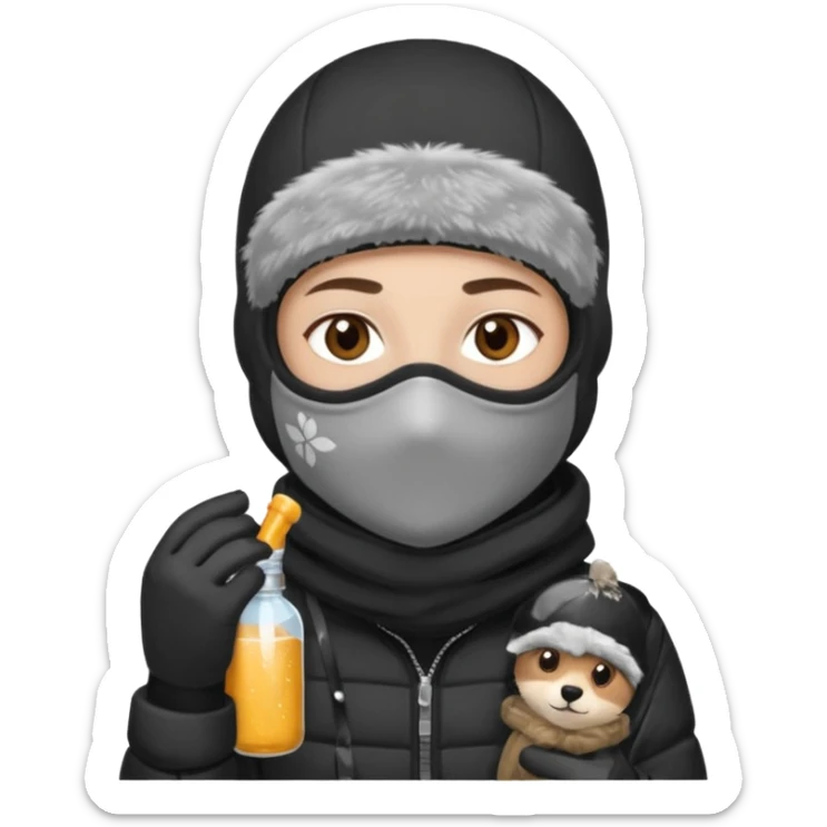 Junge mit Sturmhaube braune augen auf der rechten seite kleinen nasenpircing (glitzerstein) in der Rechten hand eine Jacky flasche und einer winterjacke mit fell an der mütze sticker