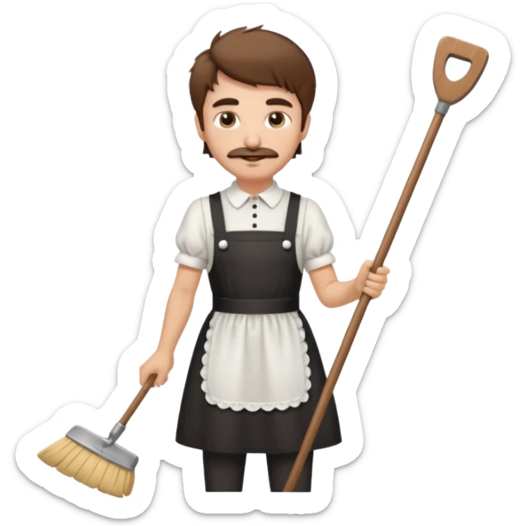 Guy with short shaggy brown hair , a mustache, wearing a cute maid dress, sweeping sticker