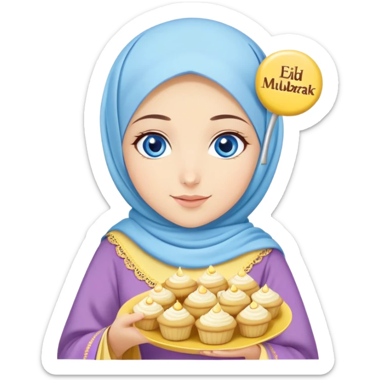 Turkish beautiful finish Konya girl blue eyes with lila yellow hijab islamic dress and had on her hand text Eid Mubarak with sweets and celebrating with her friends eid days   sticker