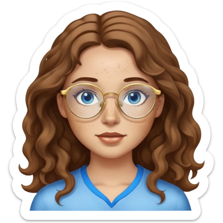 Girl with light skin, wavy brown hair, blue eyes, freckles, and gold glasses sticker