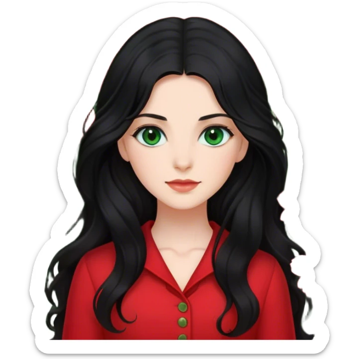 Dark green eyed women with long black wavy hair red flower background red clothing sticker