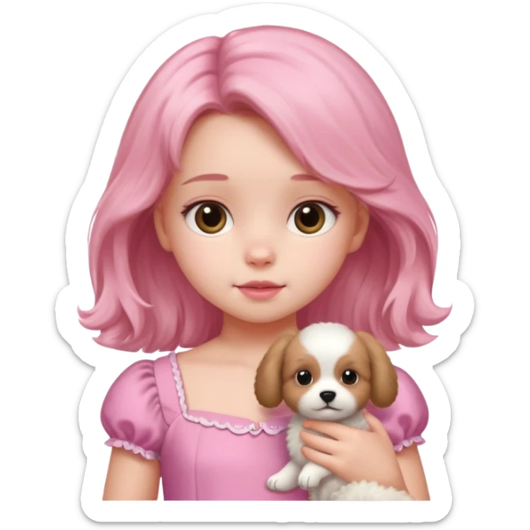 A little girls with a beautiful pink dress and a fluffy puppy face sticker
