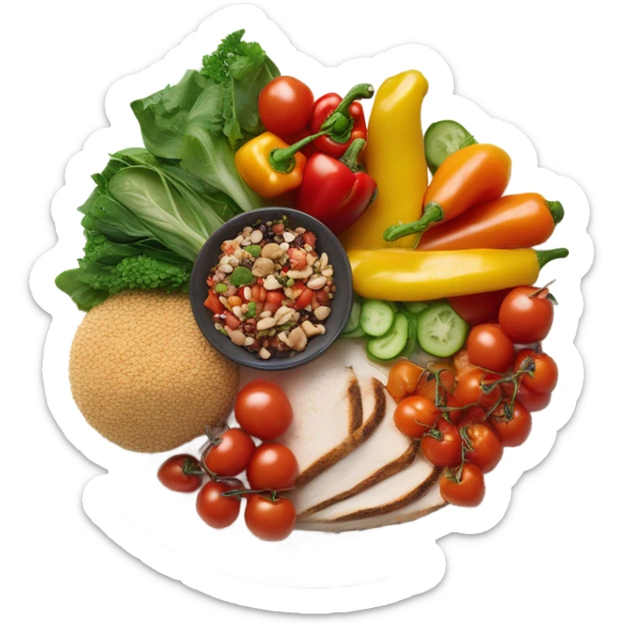 Look up on a large white round plate of healthy food sticker