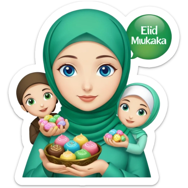 Turkish beautiful finish Konya girl blue eyes with green emerald hijab islamic dress and had on her hand text Eid Mubarak with sweets and celebrating with her friends eid days   sticker