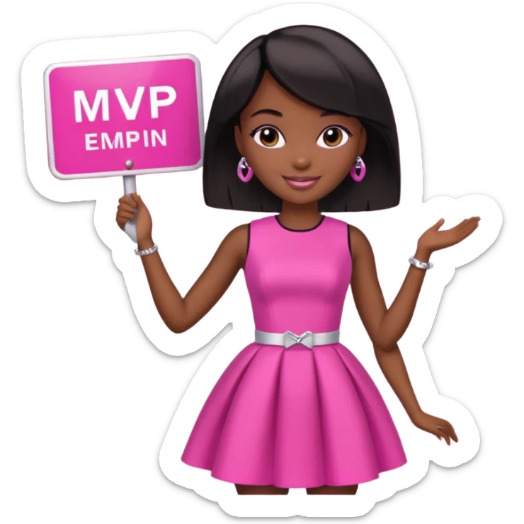 Black barbie, short  black bob  hair, pink dress with a sign that says mvp sticker