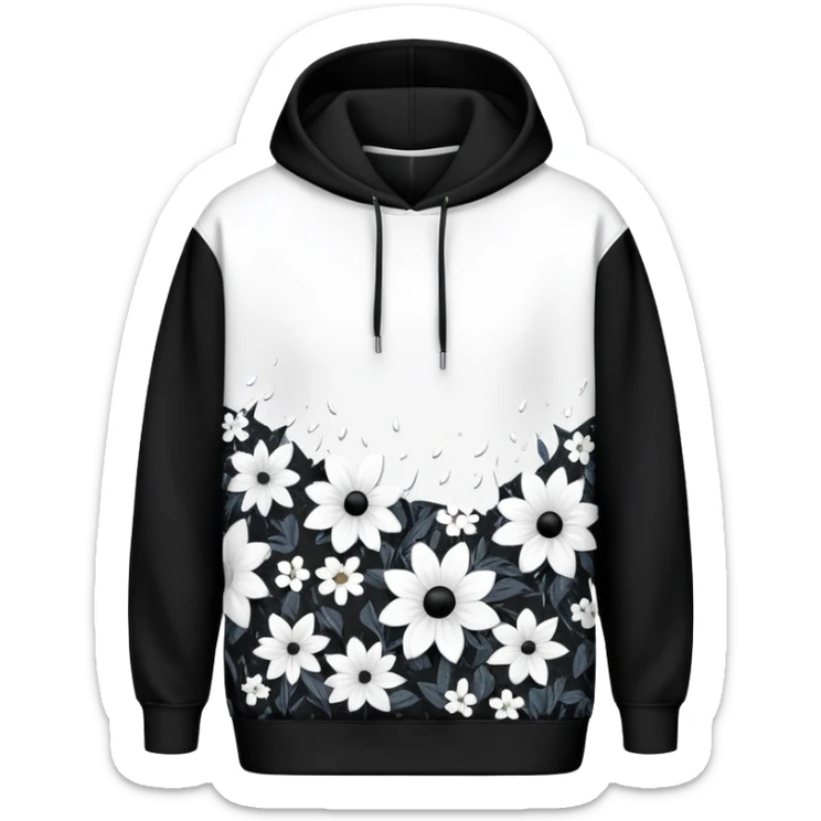 The BLACK Denim Tears Hoodie features a black base with distinctive black and white flowers. Each flower has a white outer ring with an empty space in the middle, creating a hollow, open design. These patterns are scattered across the hoodie for a bold and unique look. sticker