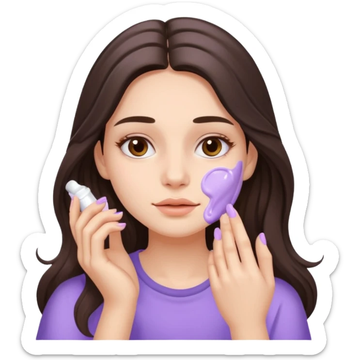 brunette girl with long hair applies lavender cream to her face sticker