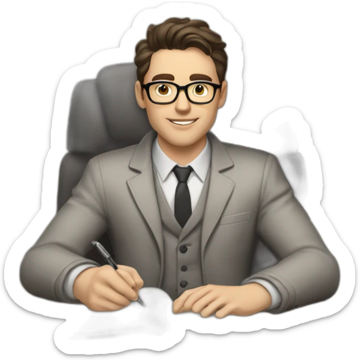 Pale skinned Fit Man With dark brown hair in gray jacket, beige office shirt and vintage glasses sitting In a soft chair with a notebook with emblem Ψ and a pen in his hands sticker