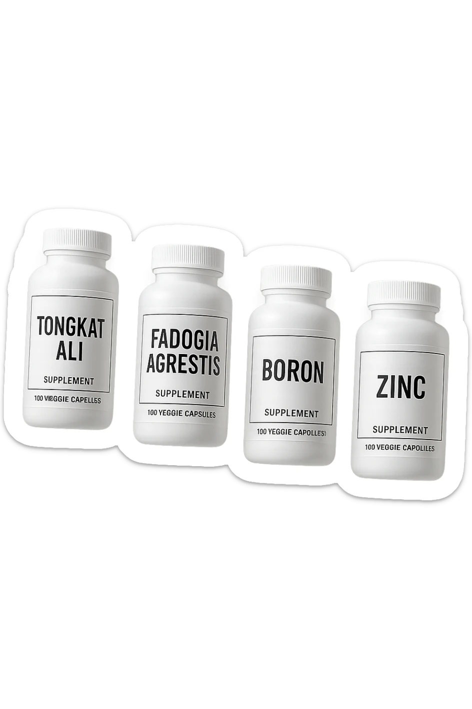 4 boccette di integratore: Tongkat Ali, Fadogia Agrestis, Boron e Zinco fluttuano in aria verticalmente sticker