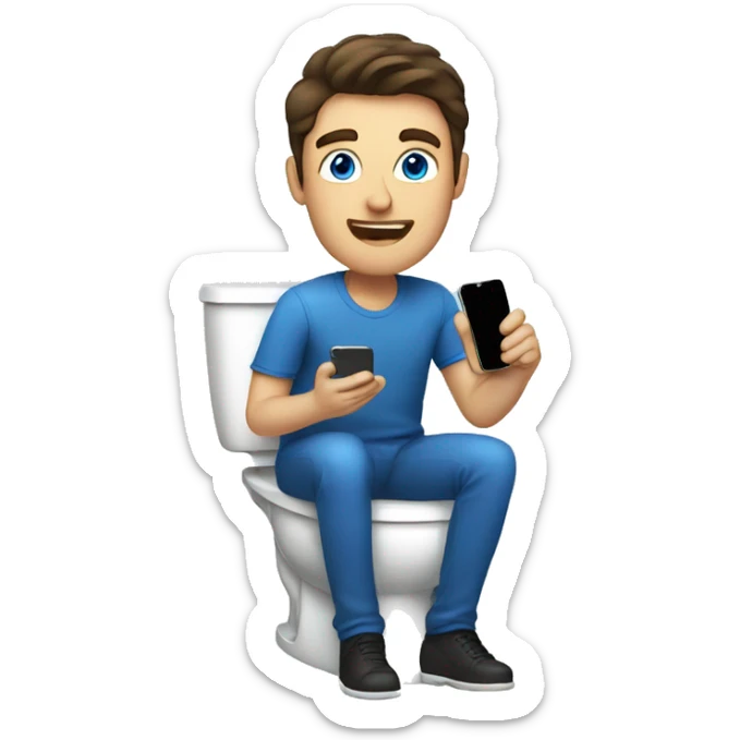 Brunette man with blue eyes sitting on the toilet holding a phone sticker