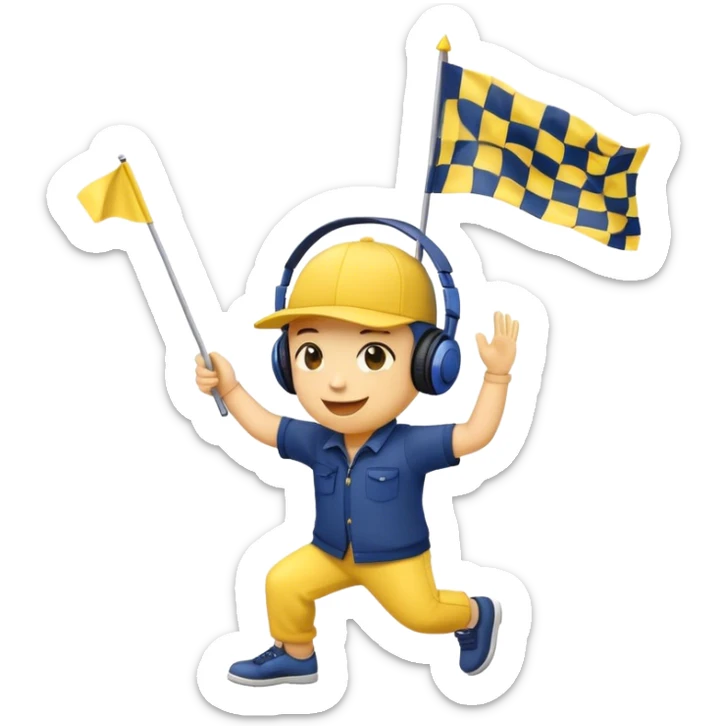 I want a yellow circle emoji (not a human emoji) holding a yellow and navy blue checkered flag in both hands, wearing a yellow and navy blue hat, dancing, smiling, and listening to music (with headphones or music notes visible).” sticker