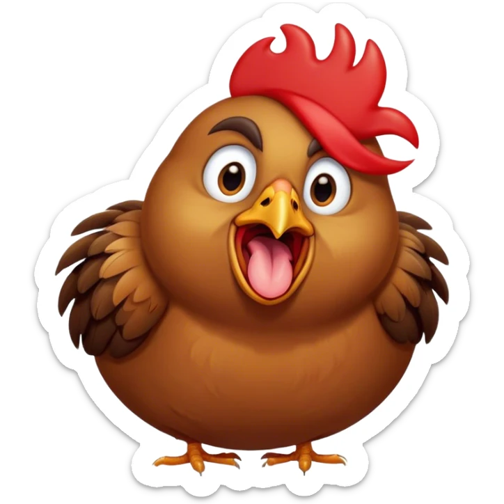 Cinematic Cute Yawning Brown Chicken Portrait Emoji, Head tilted slightly with a dramatic, wide-open yawn, showcasing a soft, fluffy brown plumage with a crisp red comb and gently drooping wings, round beady eyes barely open in drowsy contentment, Simplified yet irresistibly adorable features, highly detailed, glowing with a soft, cozy glow, high shine, relaxed yet expressive, stylized with a touch of whimsical charm, bright and endearing, soft glowing outline, capturing the essence of a sleepy yet affectionate chicken, so drowsy it feels like it could stretch out of the screen and curl up for a nap! sticker