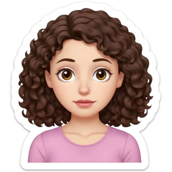 Aesthetic white girl with really long wavy/curly hair color dark brown, hair most be in front of the shoulders (hair in front of the shoulders). Big almond shape tired eyes color brown with dark circles, wide nose, natural lips, sweet expression. Dressed with a cute tight top color light pink. sticker