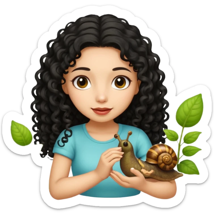 Pretty Latina girl with long black curly hair. She is playing with her cute garden snail.  sticker
