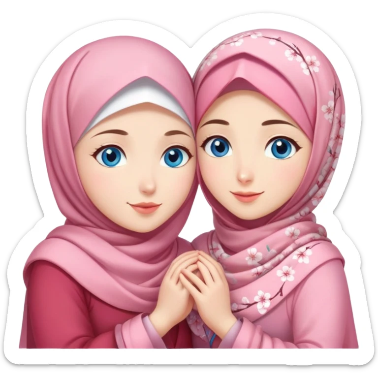 Two friendly sister Turkish girls beautiful finish Konya blue eyes with cherry blossom hijab and heart dress and hugs  sticker
