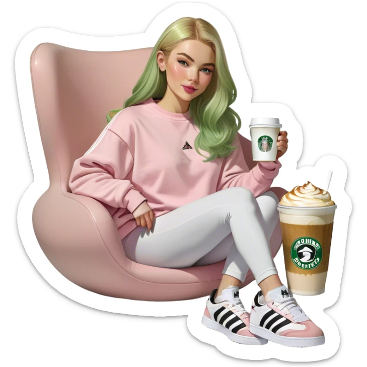Girl long bright blonde hair middle part with rosy cheeks and plump mauve lips and green colored eyes wearing a white colored sweatshirt and black leggings, adidas OG Samba sneakers sitting in a large pink chair holding a latte sticker