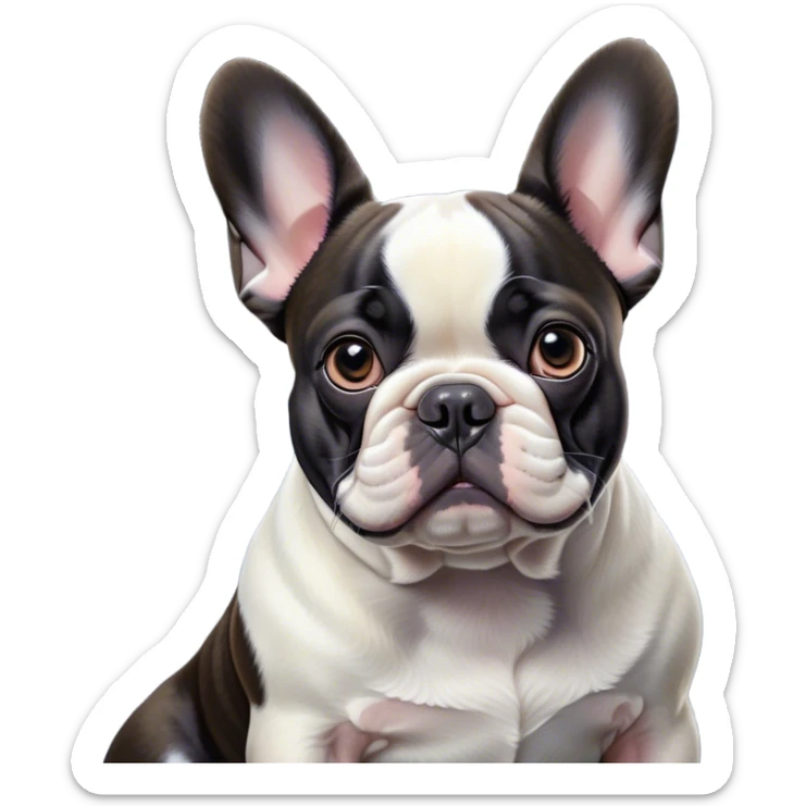 Cinematic Noble Pied French Bulldog Portrait Emoji, Radiating regal yet playful charm, with a distinctive pied fur of contrasting hues and a sculpted, expressive face featuring gentle, wise eyes and a confident stance, simplified yet artistically detailed, glowing with a soft, sophisticated radiance, high shine, exuding intelligent nobility and refined flair, soft glowing outline, capturing the essence of a noble Pied French Bulldog that embodies both strength and grace! sticker