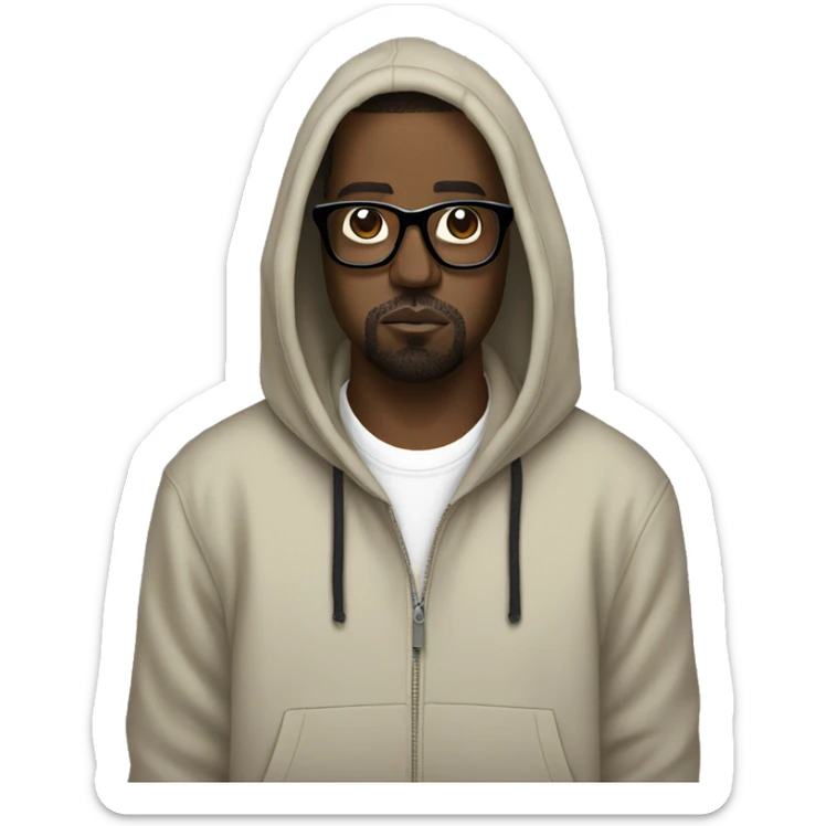 Kanye west wearing a hoodie and glasses and a dog sticker