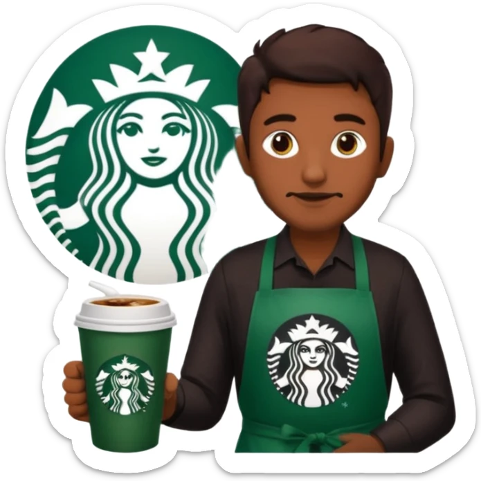 create a sticker of my male bangladeshi friend who is supervisor at starbucks plus coffemaster so black apron woth coffeemaster on it and starbucks logo sticker