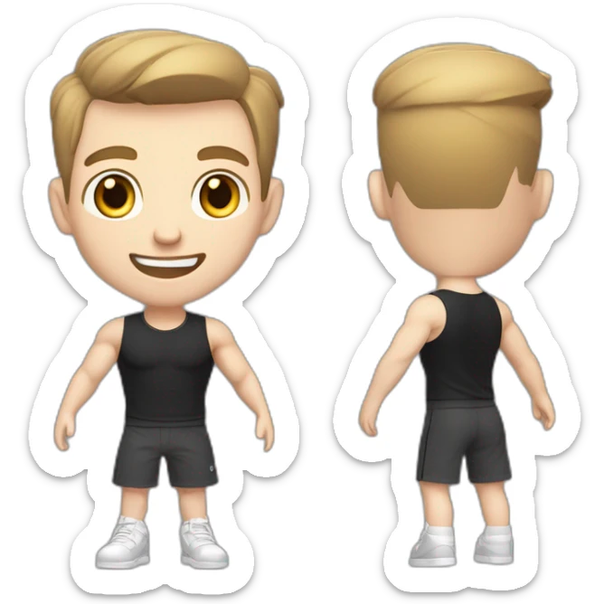 Joyful Pale skinned Fit Man With the biceps and dark brown hair in black shirt, gray sports shorts and white Sneakers sticker