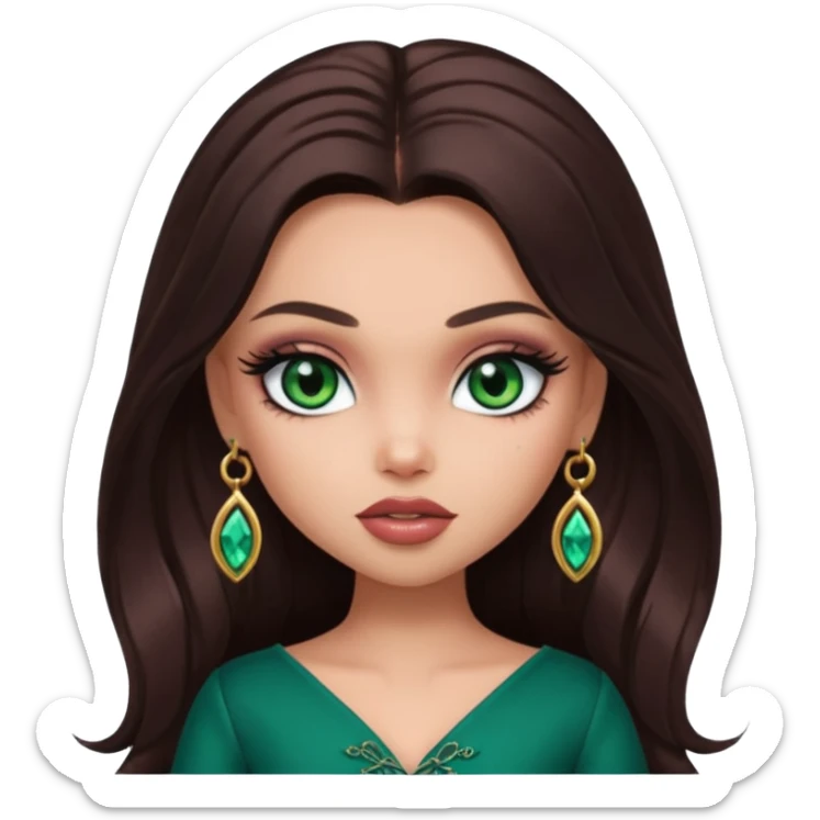pretty bratz baddie,, pretty emerald eyes long darkbrown hair, pretty makeup, long lashes, NO EARRING sticker