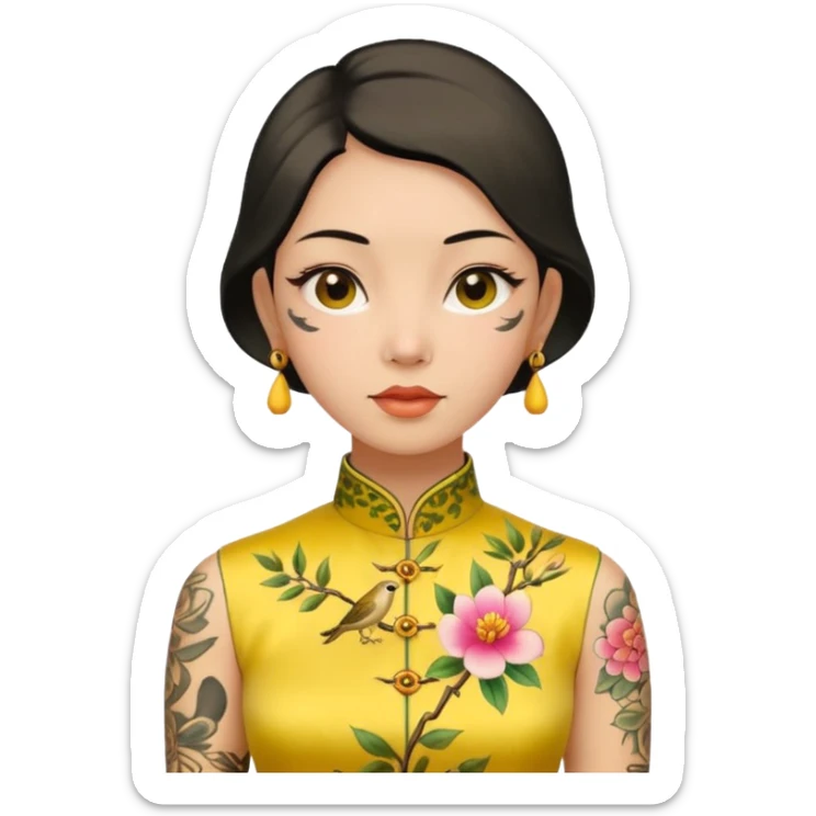 ancient woman with tatooed on neck and face and yellow cheongsam sticker