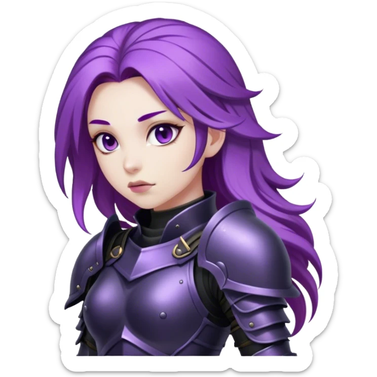 A mysterious warrior girl with flowing purple hair, dressed in black armor. sticker