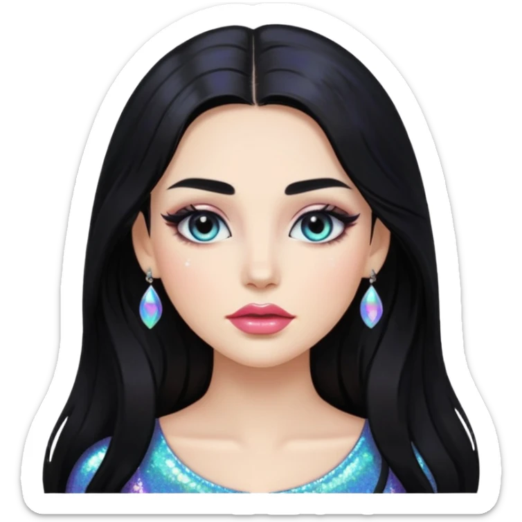 douyin long black hair glossy lips glittery iridescent white eyeshadow girl sticker