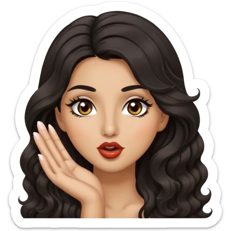 woman with olive skin, brown eyes and long lashes, and long black wavy hair blowing kiss sticker
