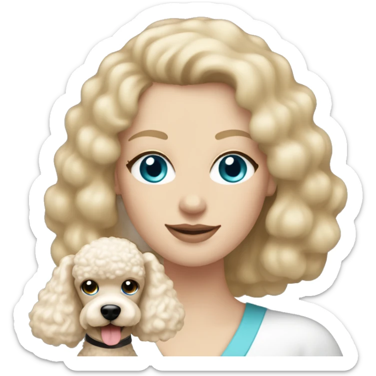  mom with straight blonde hair and blue eyes is holding a cream poodle  sticker