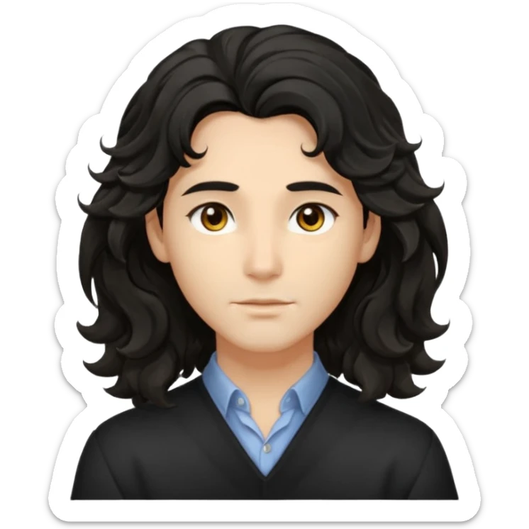 his avatar has shoulder-length black wavy hair with loose curls framing the face, and a long, pointed face with golden-brown eyes and a calm, neutral expression. sticker