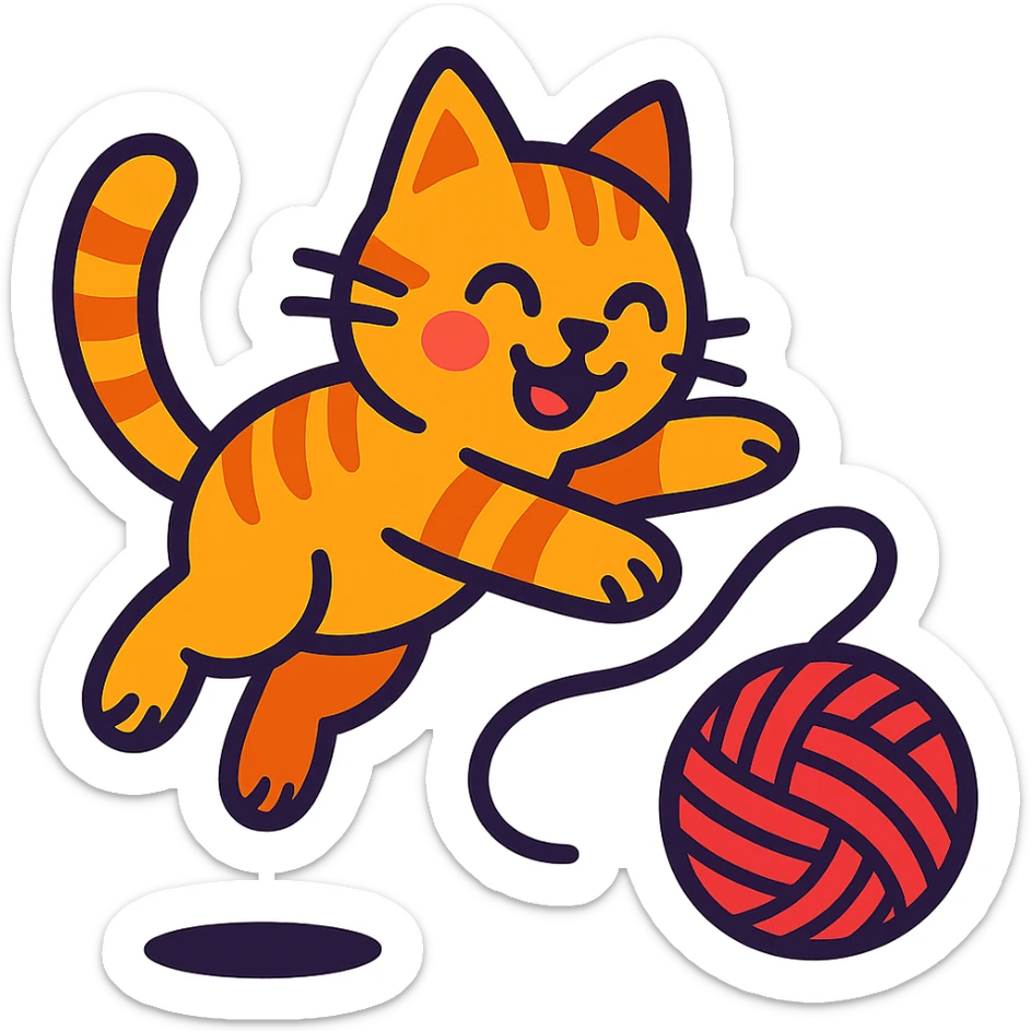 a playful cat jumping with a ball of yarn, vibrant toon style sticker
