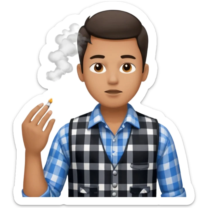 Vaquero camisa de cuadros blanca con negro y chaleco azul  joven sacando humo  sticker